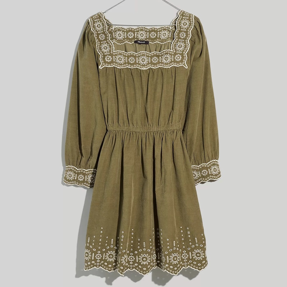 NWT Madewell Embroidered Corduroy Square-Neck Mini Dress